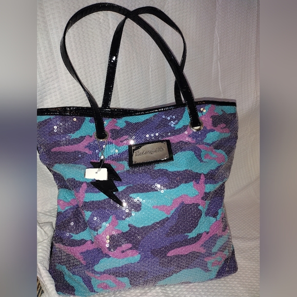 Betseyville By Betsey Johnson Camouflage Purple, Pink and Blue Sequin Tote - Picture 1 of 11